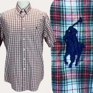 VINTAGE Ralph Lauren Polo button down shirt short sleeve Classic Fit plaid L 90s